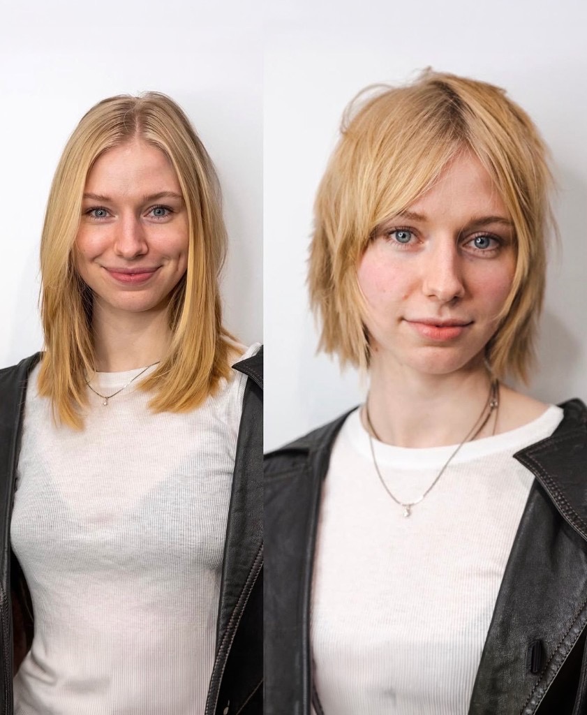 Before and after haircut transformation — from long heavy hair to textured shag